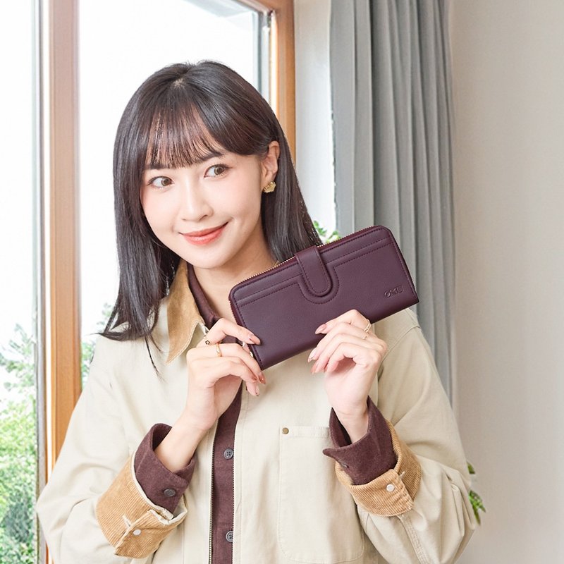 (ダークワインレッド) 柔らかな牛革の舌型留め具付きジッパー長財布 4110 - 財布 - 革 