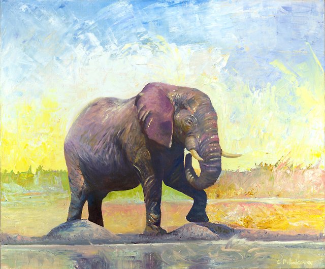 象の絵キャンバスに動物の油絵紫象のオリジナルアートワーク
