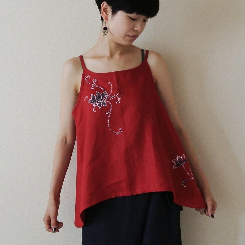 Linen camisole <Chintz / Lotus> - Women's Tops - Cotton & Hemp Red