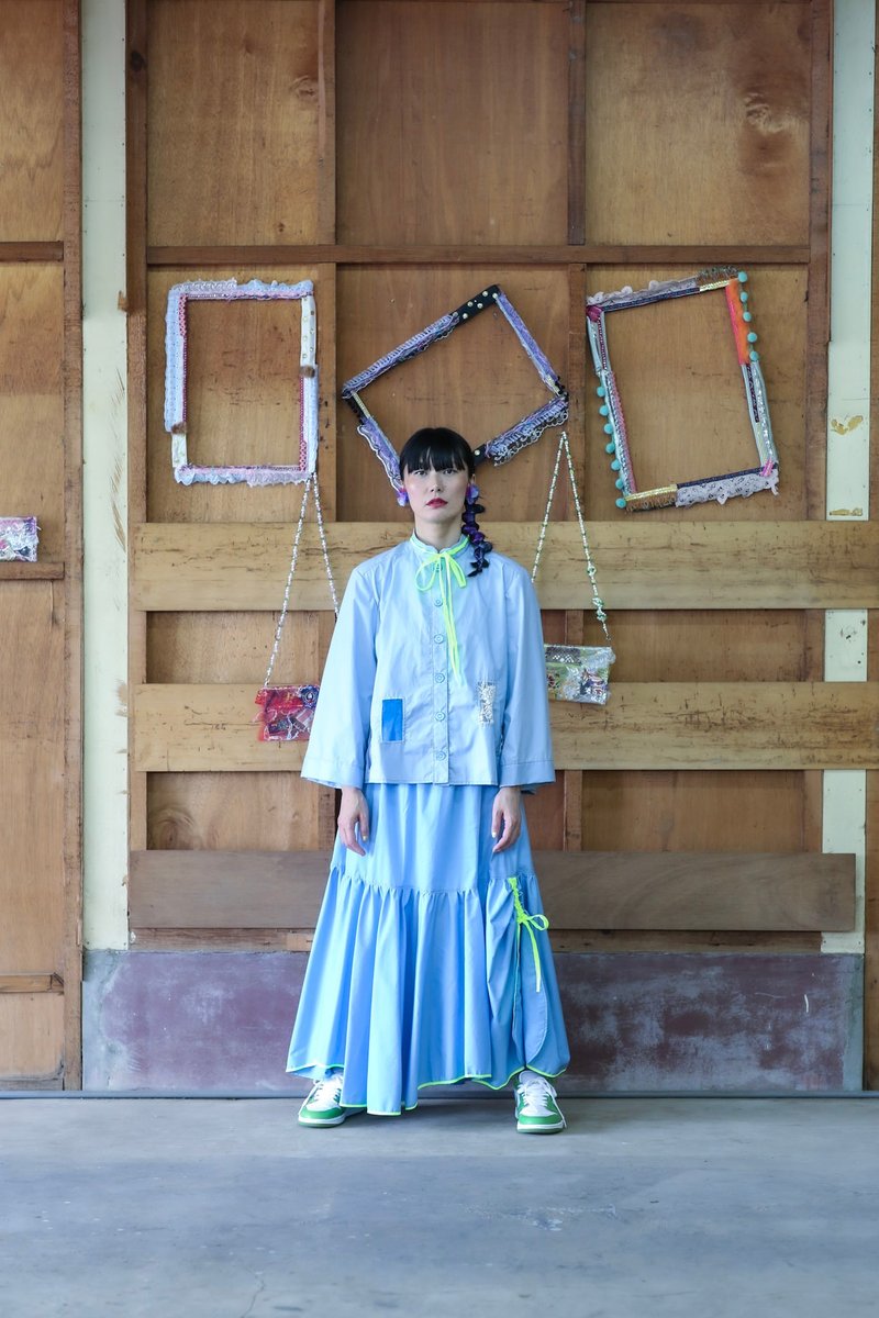 Gathered and flared gathered skirt light blue x yellow - Skirts - Cotton & Hemp Blue