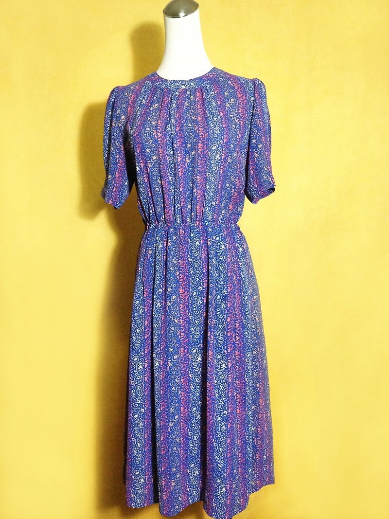 Ping-pong vintage [vintage dress / rendering flowers vintage totem long dress] back short-sleeved foreign VINTAGE - One Piece Dresses - Polyester Blue