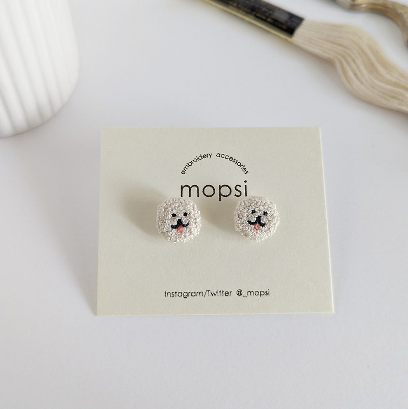 Bichon Frize Embroidered Earrings/ Clip-On - Earrings & Clip-ons - Thread White