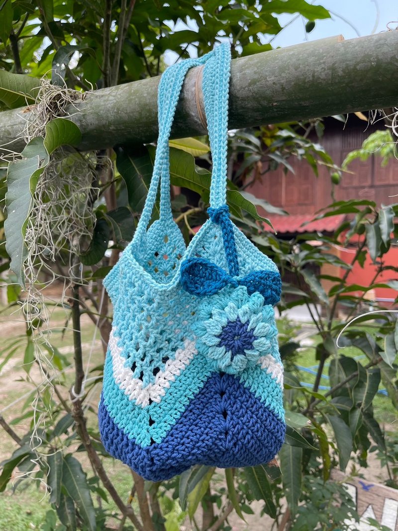 Blue Granny Square Net Bag,Crochet Bag, Women Bag - Handbags & Totes - Cotton & Hemp Blue