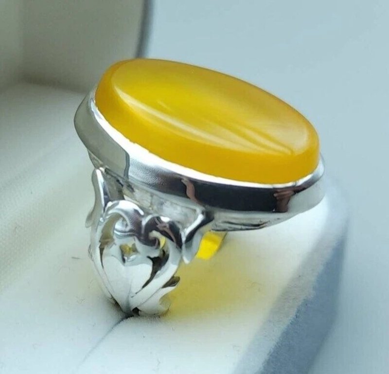 Yellow yamani aqeeq ring Yemeni Agate stone, Yellow aqeeq mens ring gift man - 戒指 - 寶石 黃色