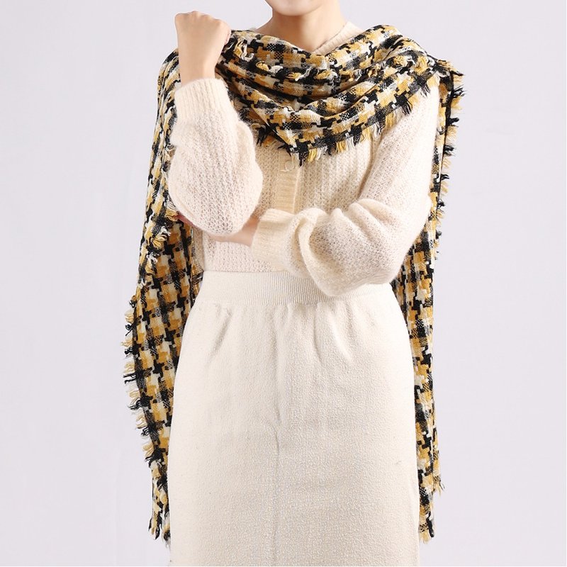 Narrow plaid tassel-Christmas yellow and black | Pure wool scarf - Scarves - Wool Black