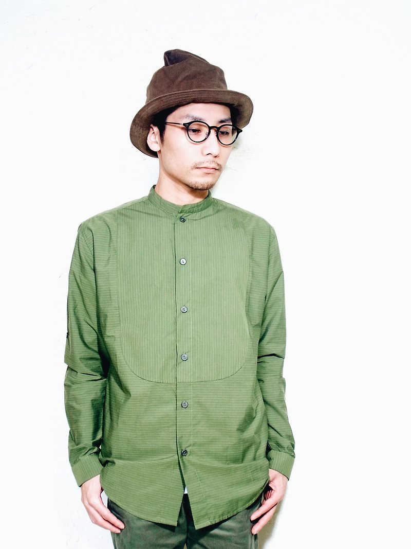 Omake提姆條紋短領襯衫 - 男襯衫/休閒襯衫 - 棉．麻 綠色