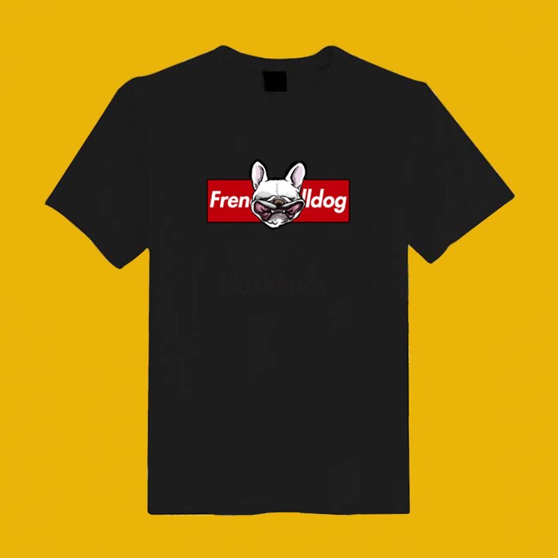 Tide brand French fighting dog illustration black short T clothes T-shirt couples clothing children's clothing mother and child clothing women's clothing - เสื้อยืดผู้หญิง - ผ้าฝ้าย/ผ้าลินิน สีดำ
