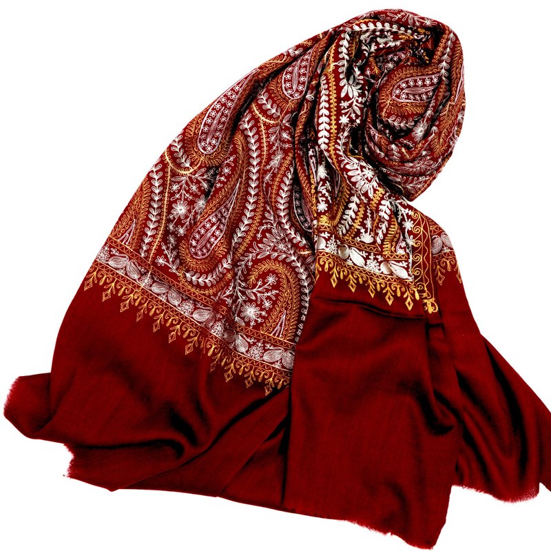【Senzhihai X Aike Embroidery】Red, gold and white. Shawl in woven fine wool with embroidery. cashmere - ผ้าพันคอถัก - ขนแกะ สีแดง