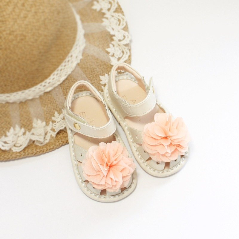 Hawaii夏日花朵寳寳涼鞋-杏仁米 - 童裝鞋 - 真皮 白色