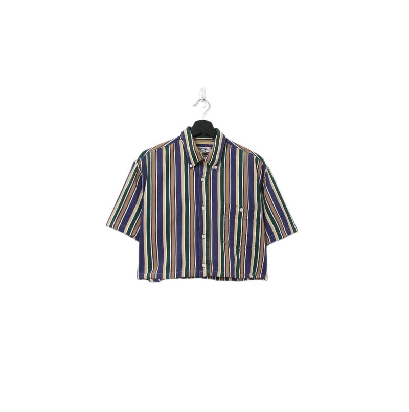 Back to Green-再製短板條紋襯衫 卡其深紫 wt-03//vintage shirt - 女襯衫 - 棉．麻 