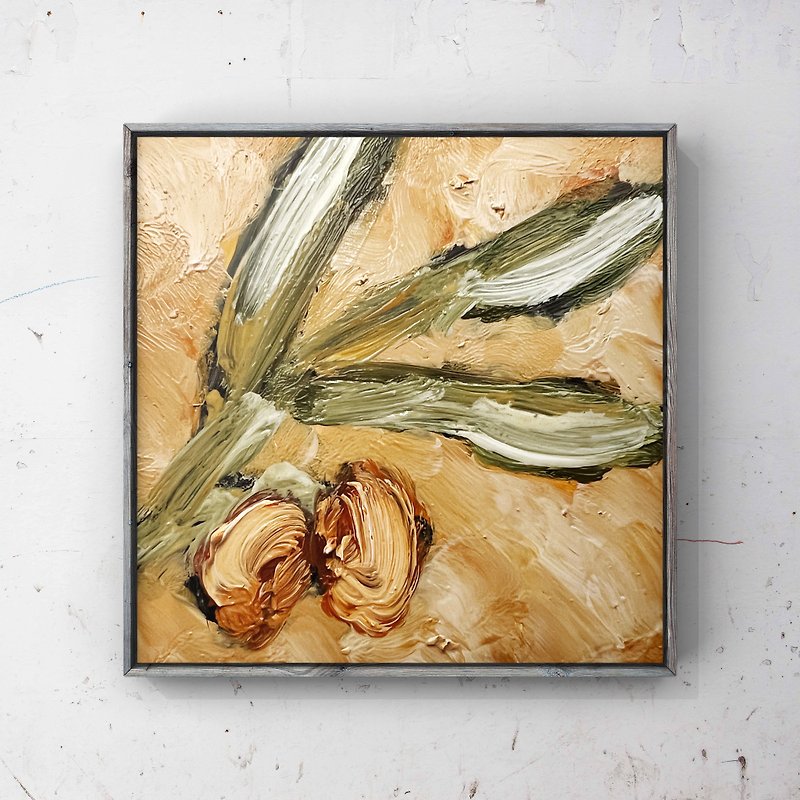オリーブの木の枝オリジナルの油絵 4 インチ ミニチュア ウォール アート - ポスター・絵 - その他の素材 ブラウン