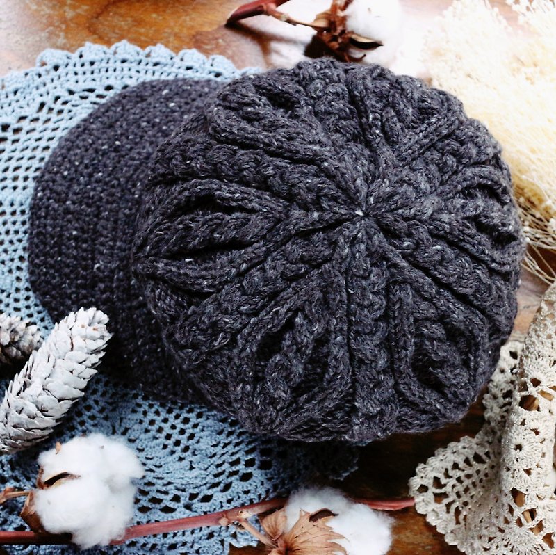 Hand-made-traditional twist-beret / peaked cap-woolen cap - Hats & Caps - Wool Gray