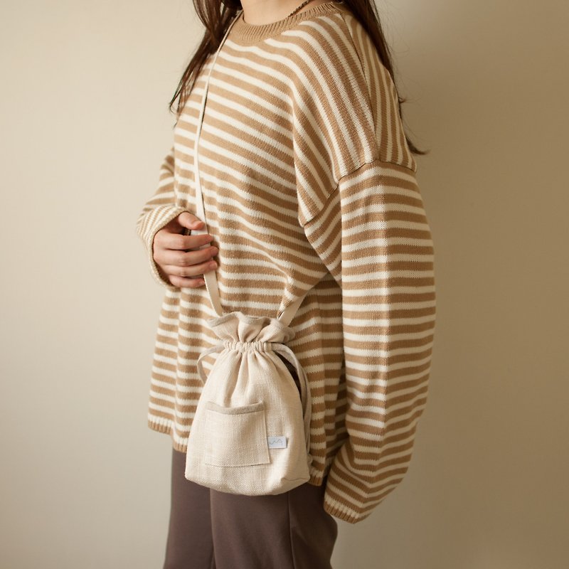 [Xing Xing] Piping Color Matching Beam Mouth Side Back Handbag // Linen Color - Handbags & Totes - Cotton & Hemp Khaki
