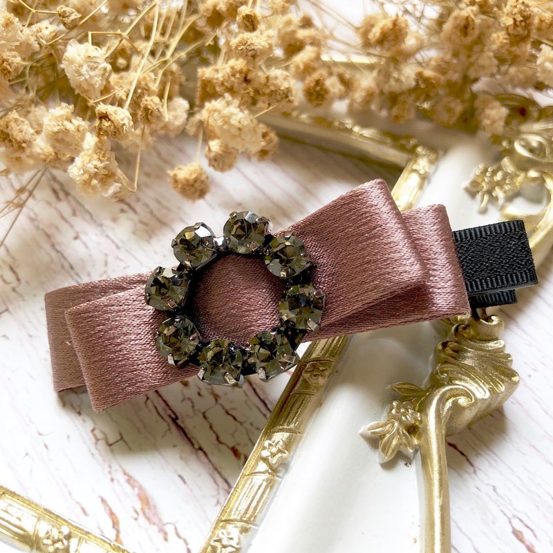 Crystal Matte Satin Bow Hair Clip/Bronze - เครื่องประดับผม - วัสดุอื่นๆ สีนำ้ตาล