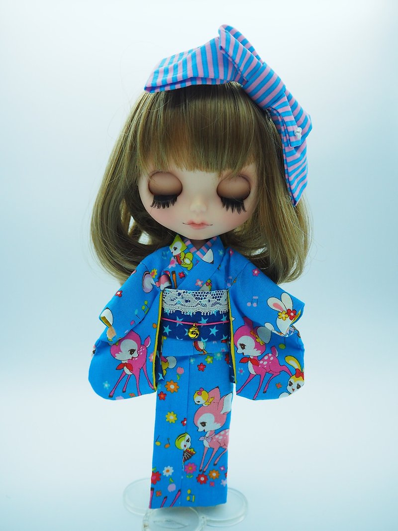 Kimono for dolls with cute fawn patterns - ตุ๊กตา - ผ้าฝ้าย/ผ้าลินิน สีน้ำเงิน