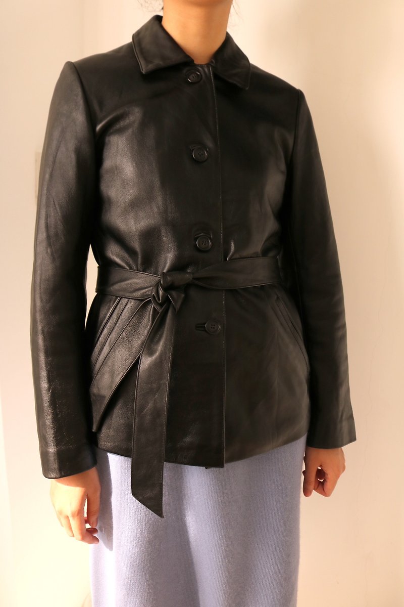 Enora Jacket黑色牛皮繫帶式外套 ( 古著 ) - 女大衣/外套 - 真皮 