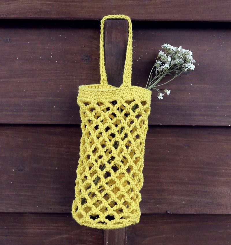 手作-網狀手編織包-飲料袋/水壺袋 - 飲料提袋/杯袋/杯套 - 棉．麻 黃色