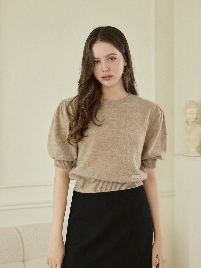 100% 喀什米爾羊絨 泡泡袖短袖針織衫 - 米白/灰 - 女裝毛衣/針織衫 - 環保材質 卡其色