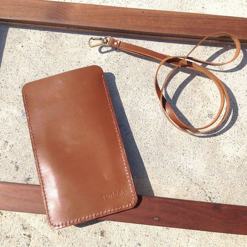 Mobile phone strap, you can put your travel card, card, hang your chest, identification hand sewing, leather iphone (when leather) caramel brown - Phone Cases - Genuine Leather Brown