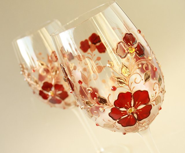 Wine Glasses Black Gold Flowers Swarovski Crystals, Hand-painted set of 2 -  Shop NeA Glass Bar Glasses & Drinkware - Pinkoi