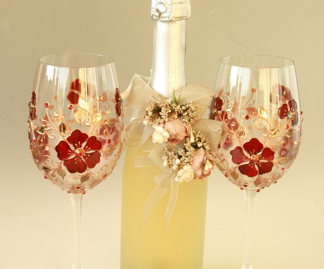 Wine Glasses Black Gold Flowers Swarovski Crystals, Hand-painted set of 2 -  Shop NeA Glass Bar Glasses & Drinkware - Pinkoi