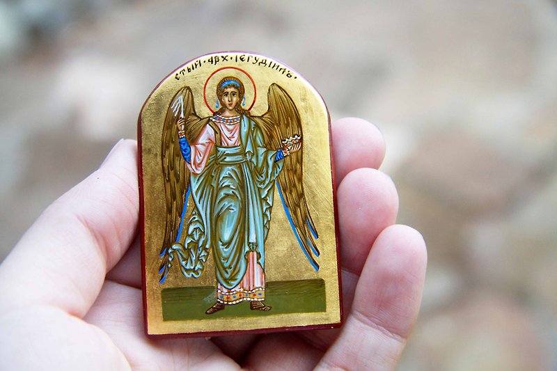 手描きの正統派の木製アイコン聖大天使イェフディエルポケットサイズミニチュア