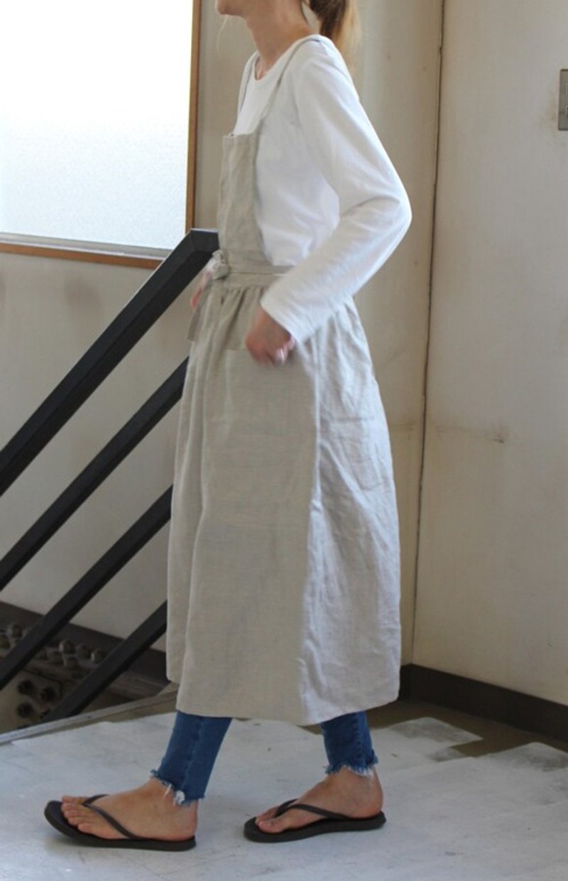 Gathered dress apron french linen long length specification 95 - ผ้ากันเปื้อน - ผ้าฝ้าย/ผ้าลินิน 