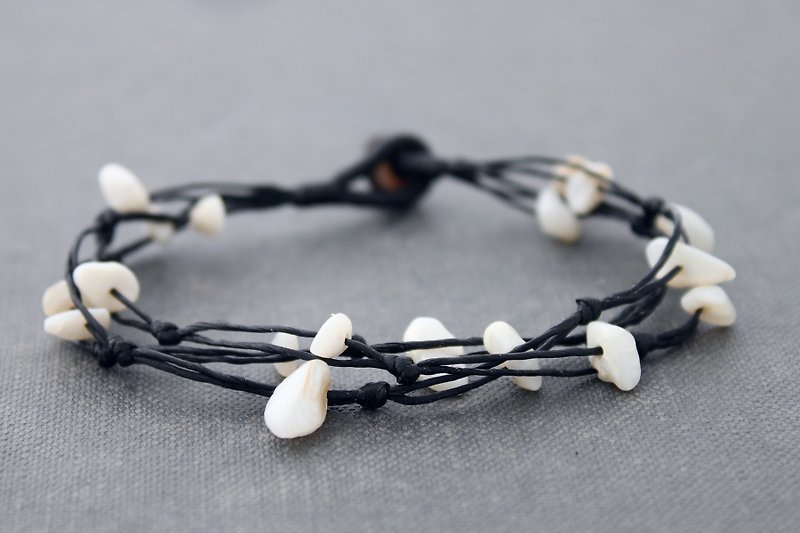  編織手鍊珍珠自由形態簡單鏈手鐲黑色打蠟棉線 - 手鍊/手鐲 - 石頭 銀色