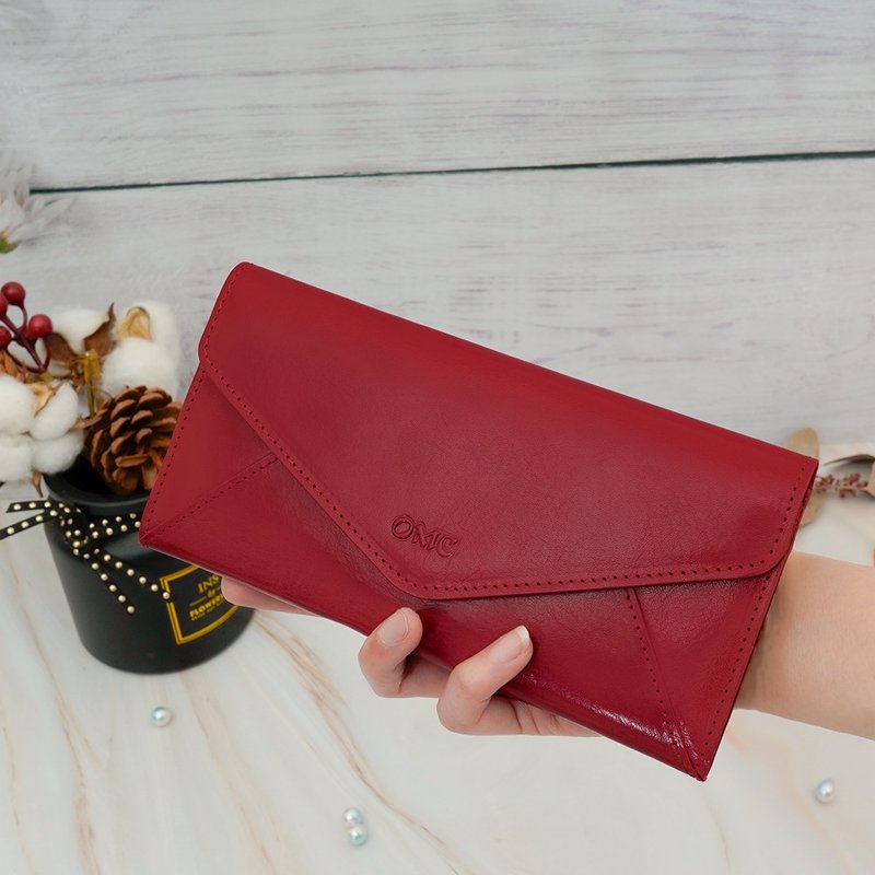 Italian Vegetable Tanned Leather Envelope Bi-Fold Cowhide Long Clip 95116(Red) - กระเป๋าสตางค์ - หนังแท้ สีแดง