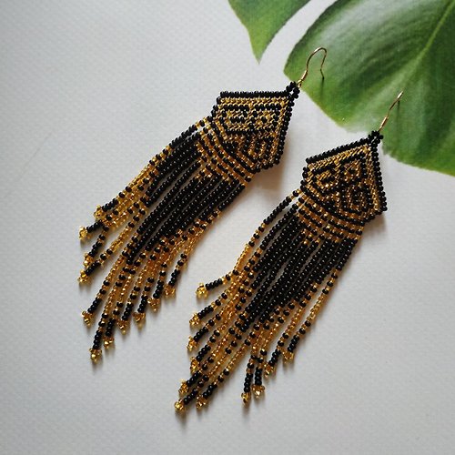 White Bird gallery of exquisite jewelry from Halyna Nalyvaiko Black and gold long beaded fringe earrings for women Spectacular beaded earrings