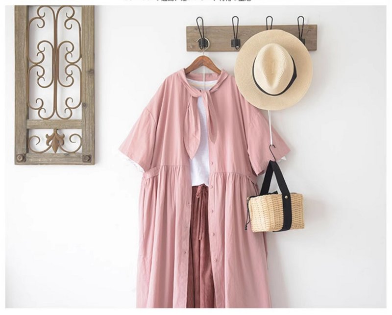 [Mori Orumi] Two-wear tie French shirt dress - ชุดเดรส - ผ้าฝ้าย/ผ้าลินิน สึชมพู