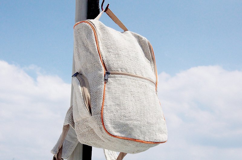 Natural dyed cotton and linen backpack / shoulder bag / national mountaineering bag / travel backpack / computer bag / handmade bag - กระเป๋าเป้สะพายหลัง - ผ้าฝ้าย/ผ้าลินิน ขาว