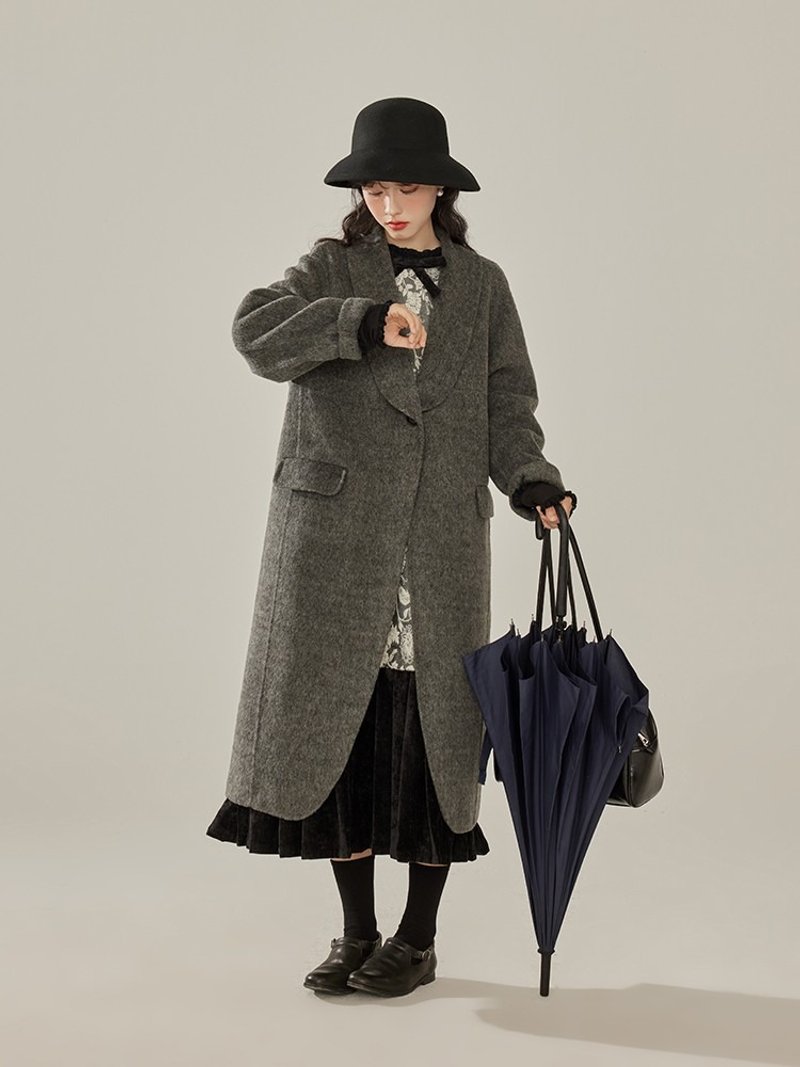 Vick double-faced dark gray suit-style wool coat long coat - เสื้อสูท/เสื้อคลุมยาว - ขนแกะ สีเทา