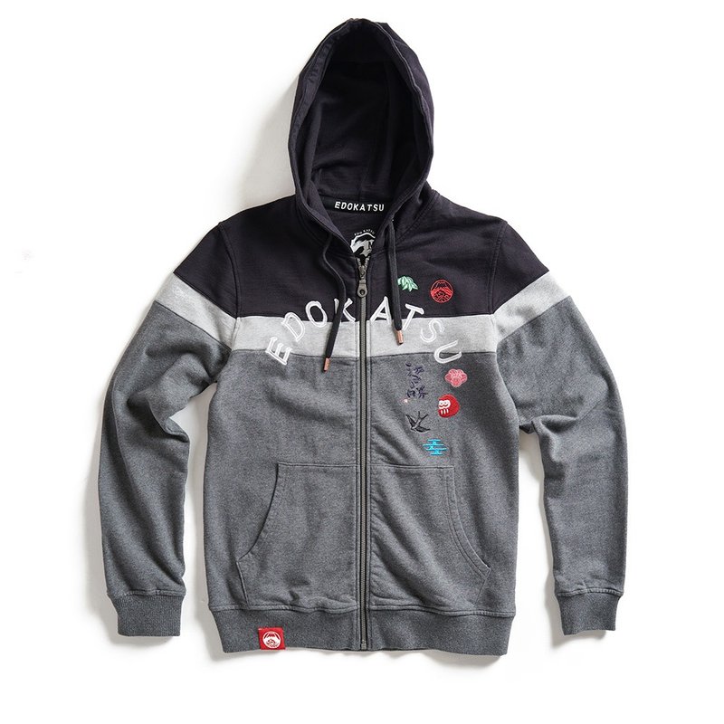 江戶勝 日系 男裝 和風小刺繡拼接色塊休閒連帽外套(黑色) #外套 - 男夾克/外套 - 棉．麻 黑色