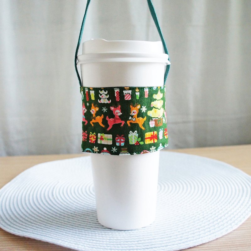 Lovely【Japanese cloth】Christmas decoration beverage cup bag, cup holder, carrying bag【green】 - Beverage Holders & Bags - Cotton & Hemp Green