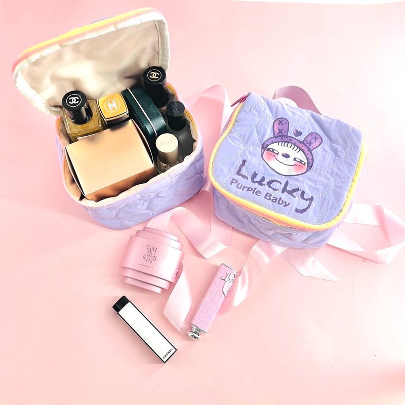 [Lucky Ziva Asia Handmade Exhibition Pre-order] Lucky Ziva Puffy Bag Cosmetic Bag Square - กระเป๋าถือ - วัสดุอื่นๆ สีม่วง