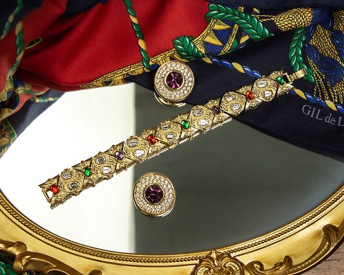 古飾案內所 奧地利Swarovski名牌古董 華麗紫水晶鋪鑽 圓盾形鍍金耳夾