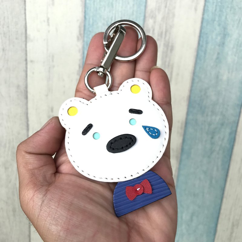 White polar bear handmade sewn leather keychain small size - ที่ห้อยกุญแจ - หนังแท้ ขาว