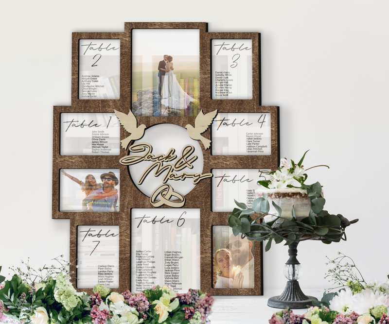 Personalized Wedding seating chart sign Custom reception Photo frame collage - 壁貼/牆壁裝飾 - 木頭 