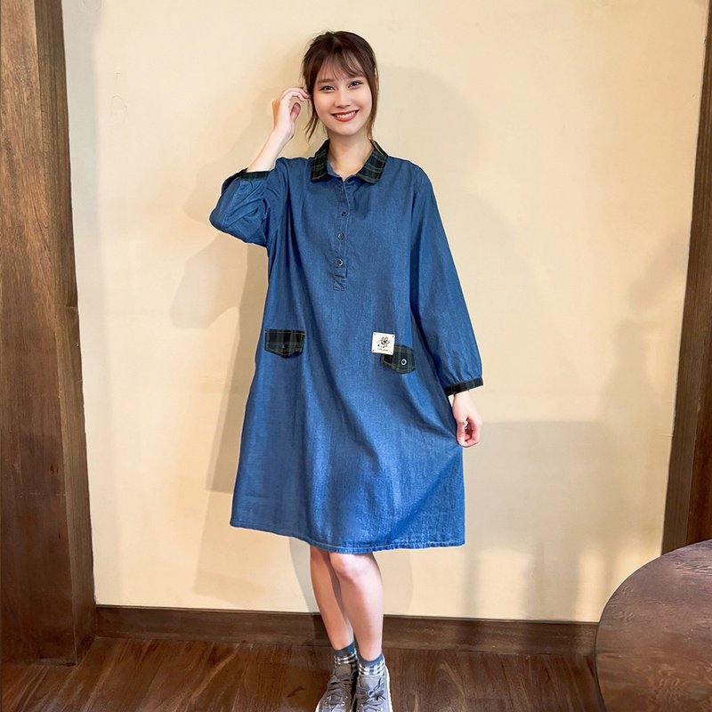 Hana Mokuba shirt-style check panel denim dress - ชุดเดรส - วัสดุอื่นๆ 