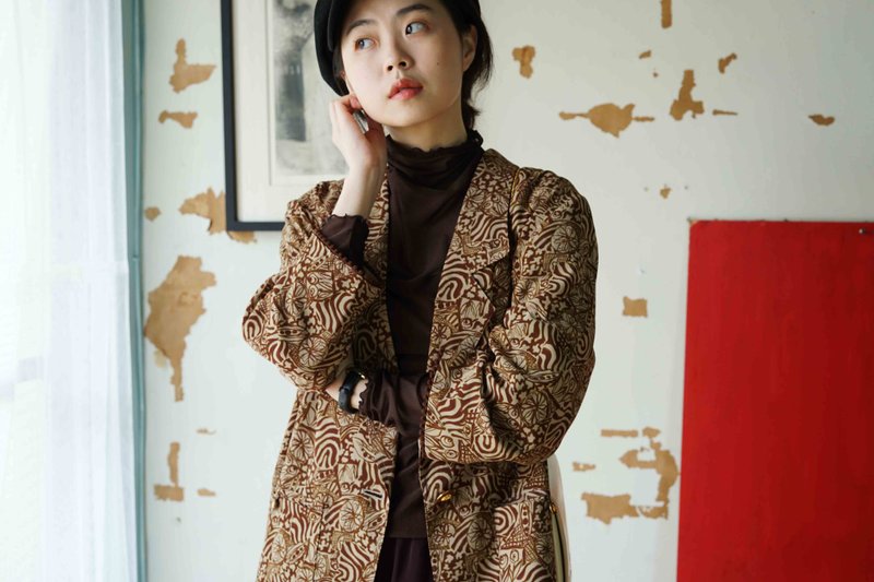尋寶古著-枯木深棕新藝術印花雪紡西裝外套 - 女西裝外套 - 聚酯纖維 咖啡色