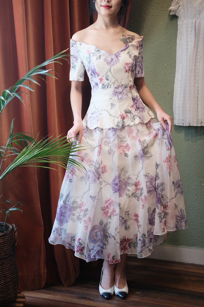 Vintage dress美國制貝殼領暗紋印花假兩件連衣裙古著洋裝 - 洋裝/連身裙 - 棉．麻 