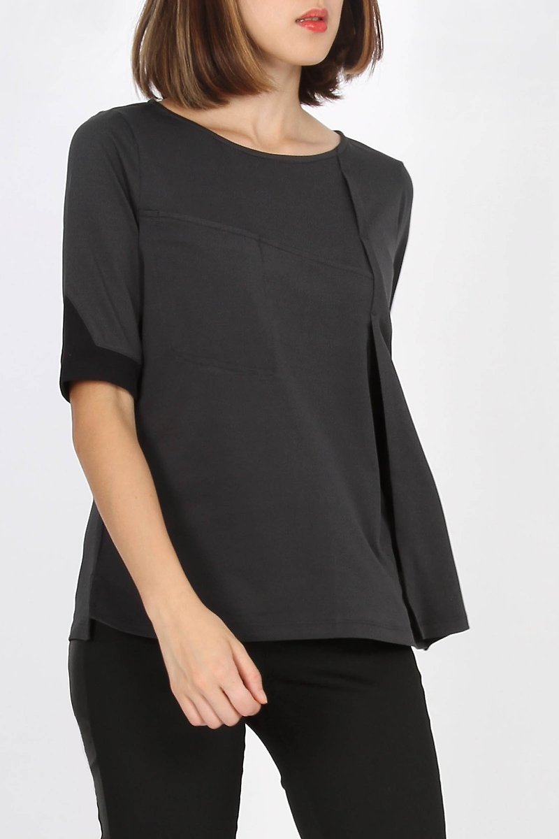 Ribbed Sleeve Front Work Piece Suction Row Shirt-Black Twist - Women's T-Shirts - Polyester Black