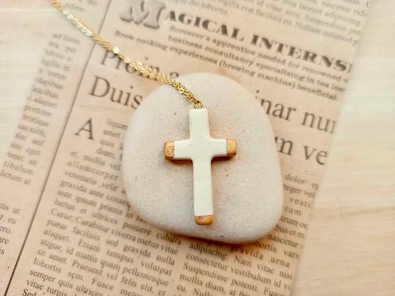 White incense cross pottery and gold necklace - Earrings & Clip-ons - Pottery Multicolor