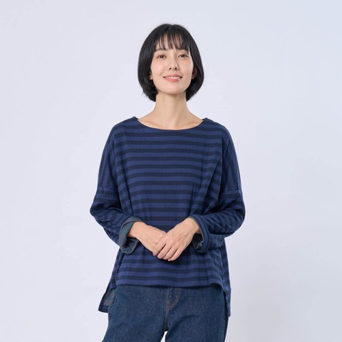 so that's me Karen船型領柔軟條紋長袖上衣/藍 (小林穿搭示範)