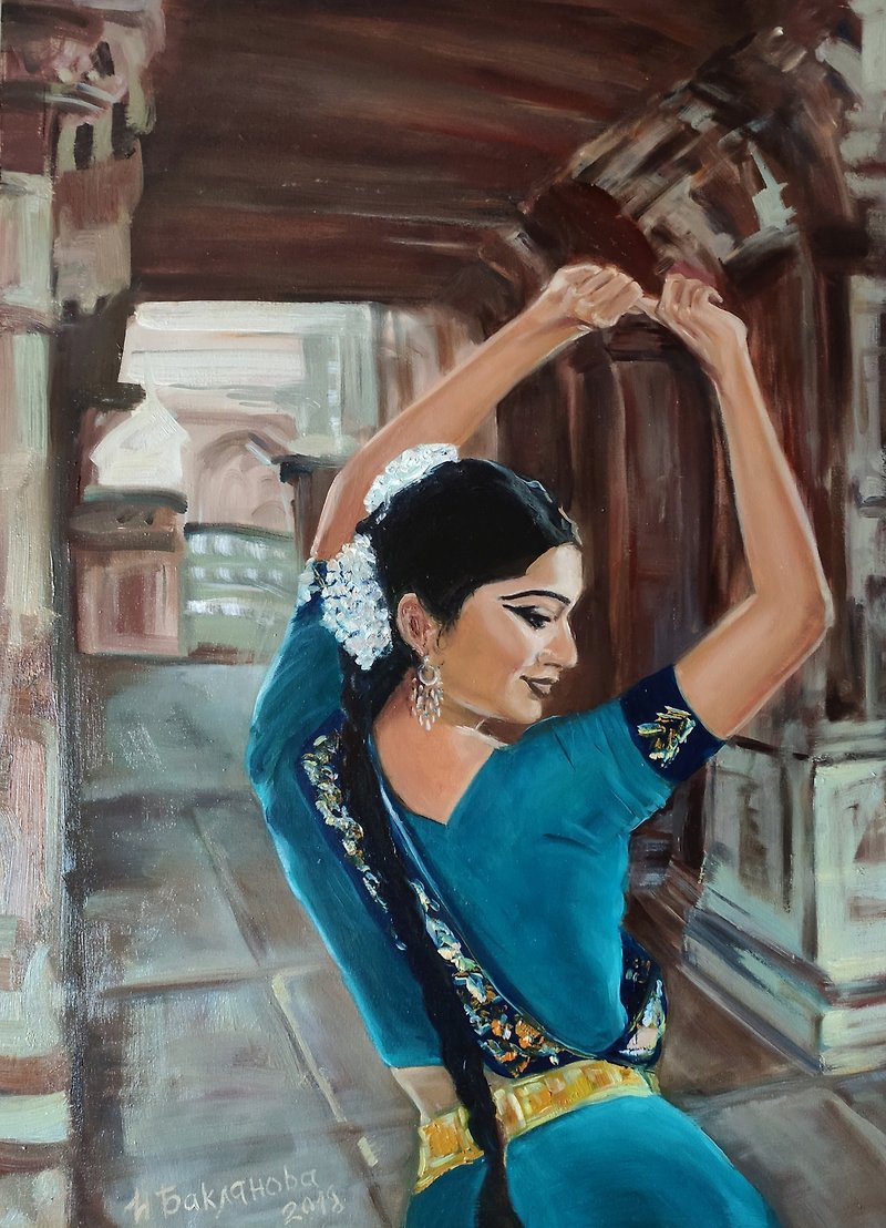 Dancing Indian Girl in Turquoise Sari Original painting Romantic Figurative Art - Wall Décor - Other Materials Blue