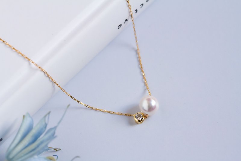 Bezel CZ and Akoya pearl through necklace, gold, metal allergy-friendly - สร้อยคอ - ไข่มุก ขาว