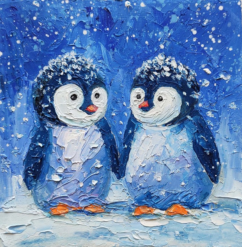 Penguins Painting Original Bird Wall Art Animal Small Artwork,手工油畫 油畫原作 - โปสเตอร์ - วัสดุอื่นๆ หลากหลายสี