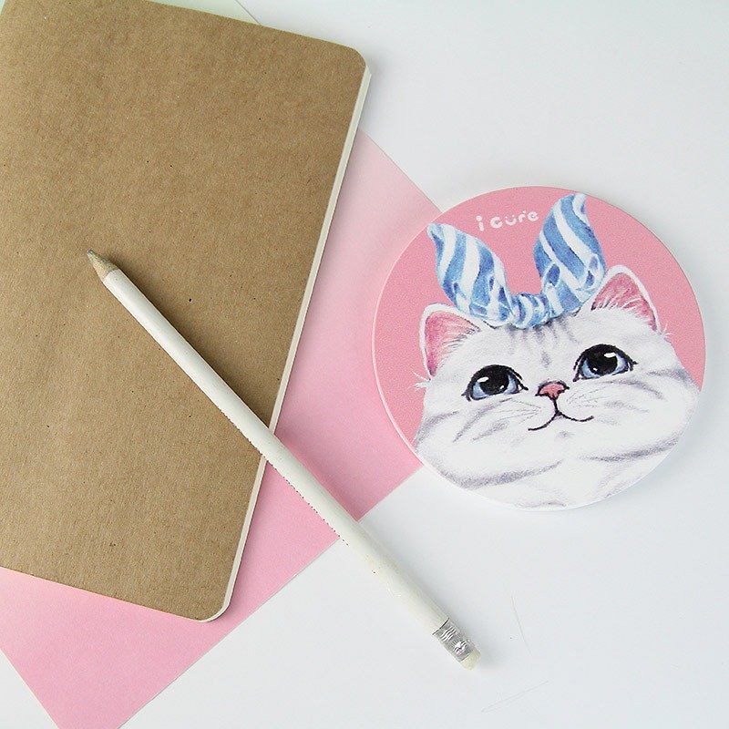 icure water coaster-i magic-hand-painted cat H6. Blue ribbon American shorthair - Coasters - Pottery Pink