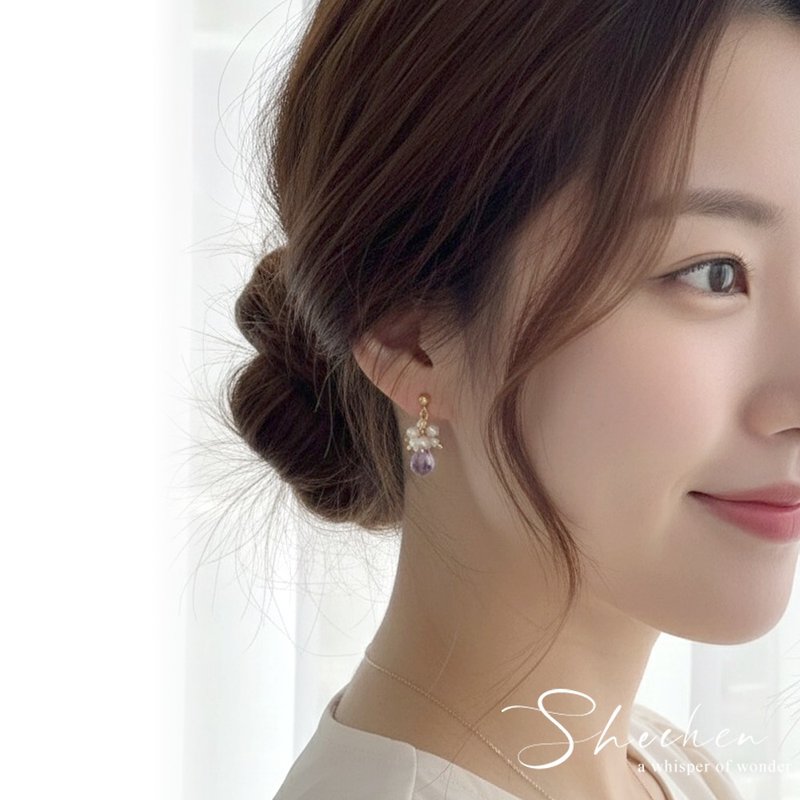 蛋白石色水滴石英石+天然小圓珍珠 小真珠耳環 耳針 耳線 天然石 - 耳環/耳夾/耳骨夾 - 水晶 粉紅色